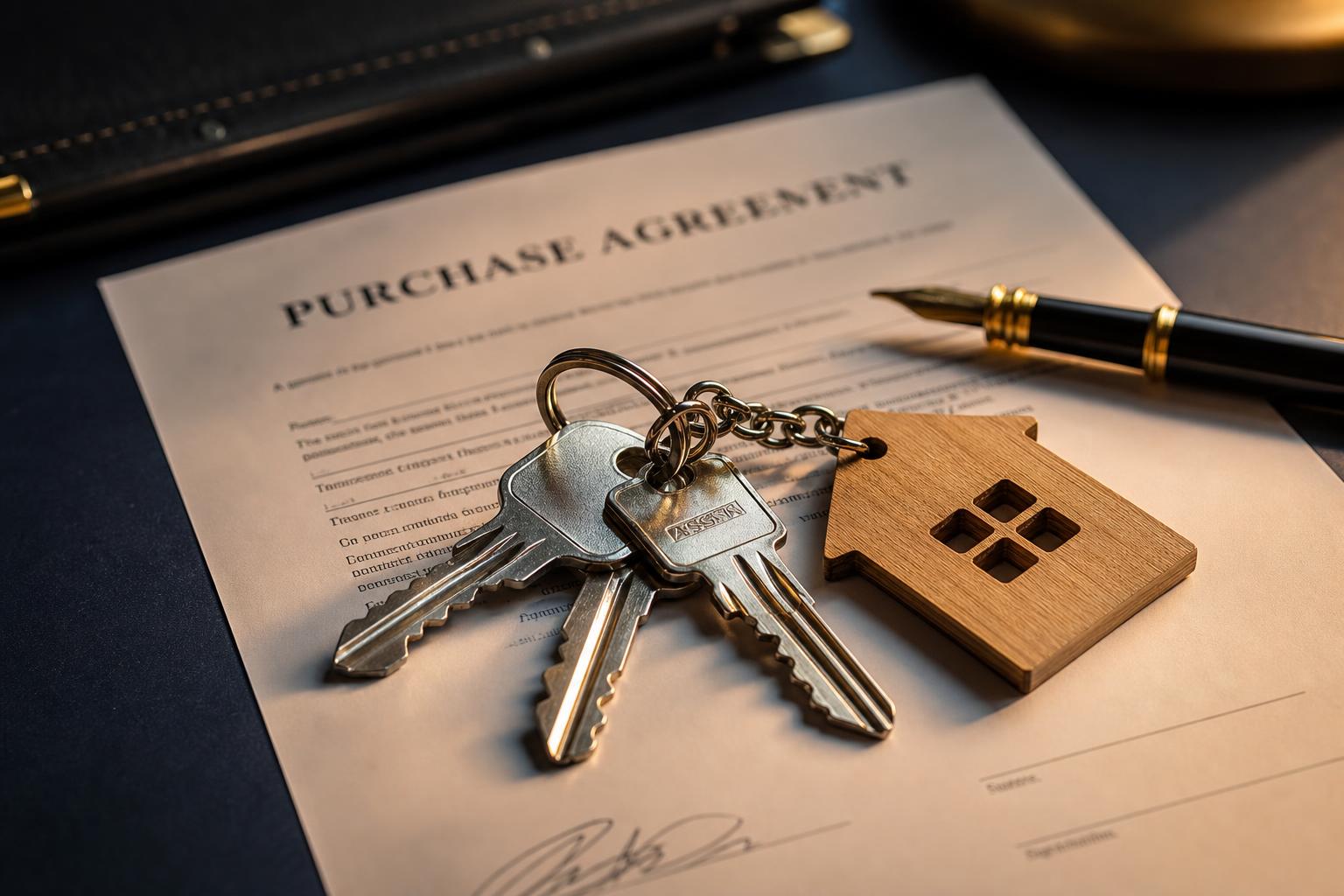 Llaves de vivienda sobre un contrato de compraventa